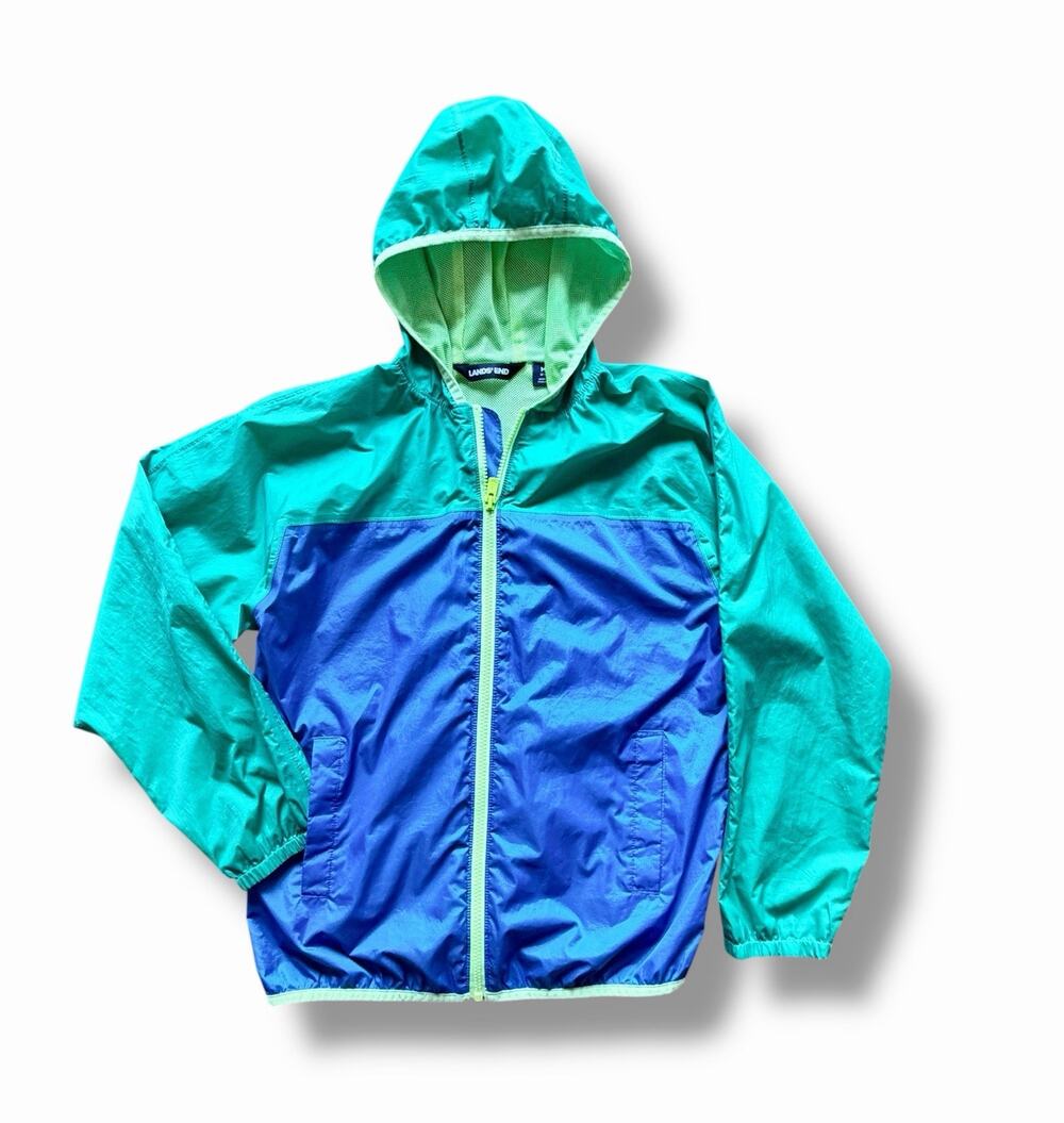 Lands End Girls Sz. M 8-10 Windbreaker Zip Lightweight Jacket Teal/Blue Packable
